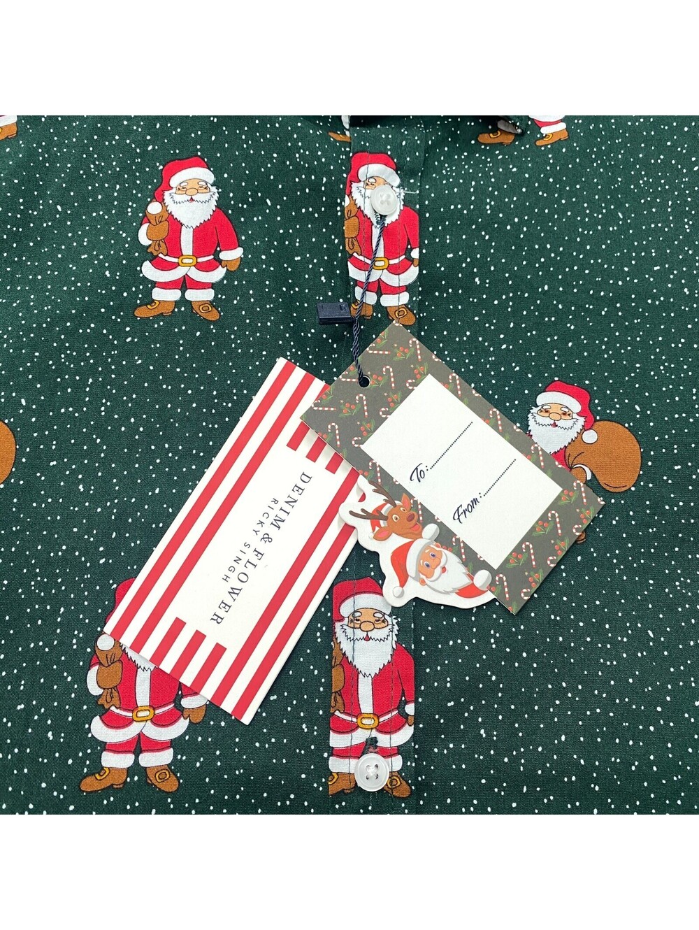 Denim & Flower Shirt Mens S Green Button Up Santa Claus Christmas All Over Print - Picture 4 of 12